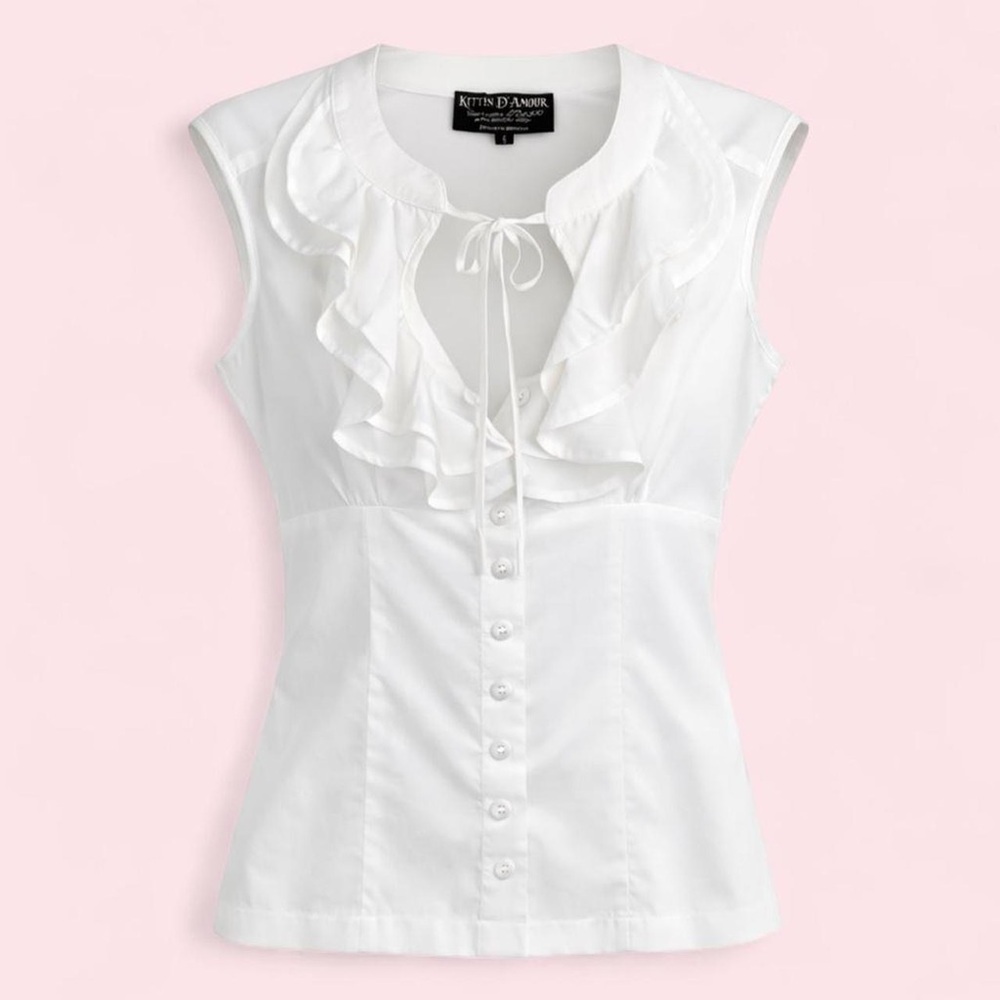 Sleeveless White Ruffled Blouse